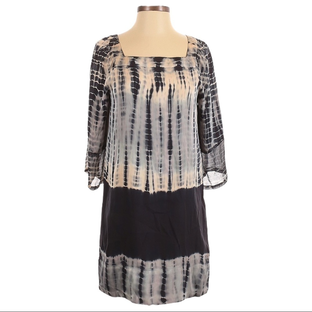 Gypsy 05 Anthropologie Silk Tie Dye Boho Shift Dress XS Square Neck Long Sleeve